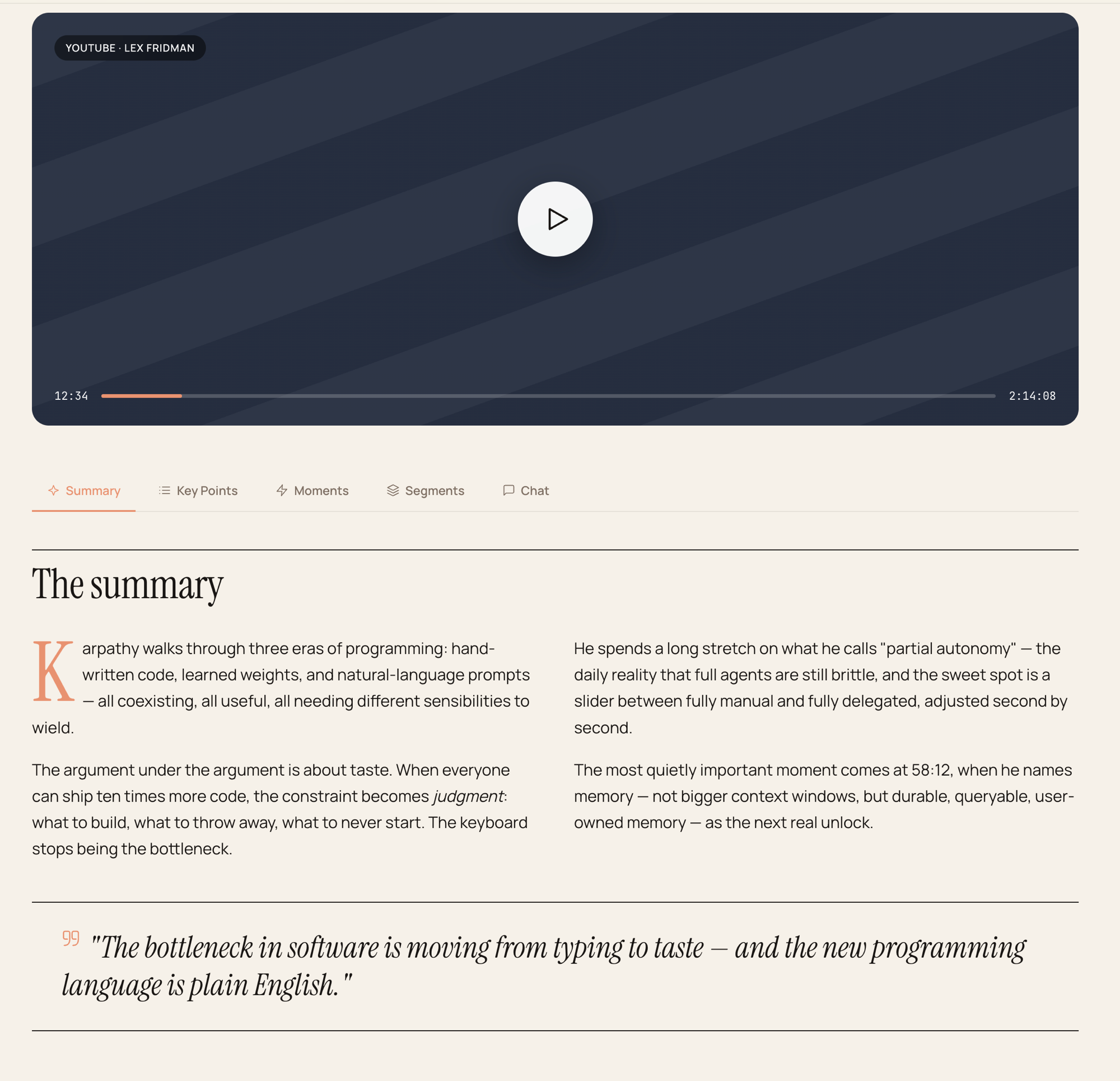 VidSum web analysis — Karpathy summary view